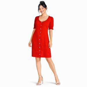 2/$30 ZARA Red Linen Button-Front Dress With Shirred Sleeves & Waist